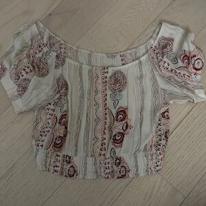 Hippie Love Boho Off-Shoulder Crop Top - Cream with Maroon Print